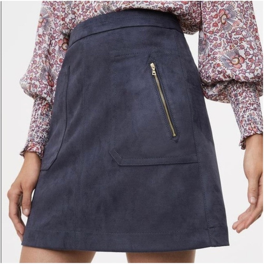 LOFT Skirt Size 4 Slate Blue Grey Faux Suede Gold Zipper Pockets PERFECT 💙🩶